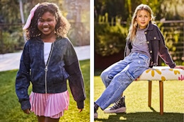 2 lifestyle images of Justice girls jackets (both being modeled outdoors)