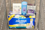 Always, Olay, and Secret products in a shopping cart