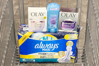 Always, Olay, and Secret products in a shopping cart