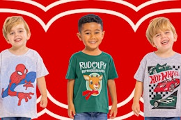 Three toddler holiday Christmas-themed tees: Spider-Man, Rudolph & Hot Wheels