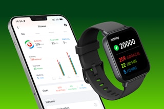smart watch next to phone screen with fitness stats