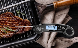 a meat thermometer on a steak on a grill