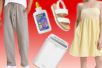 Hollister men's sweats, school glue, kids' shoes, women's dresses, white ice maker