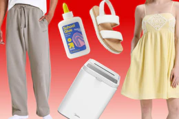 Hollister men's sweats, school glue, kids' shoes, women's dresses, white ice maker