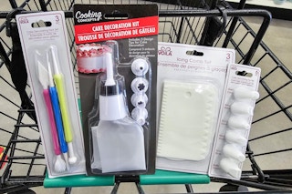 cake decorating supplies in a cart