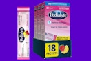 A single pack of Pedialyte Electrolyte Powder, Strawberry Lemonade flavor, sits next to an 18-count box.