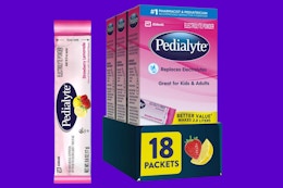 A single pack of Pedialyte Electrolyte Powder, Strawberry Lemonade flavor, sits next to an 18-count box.