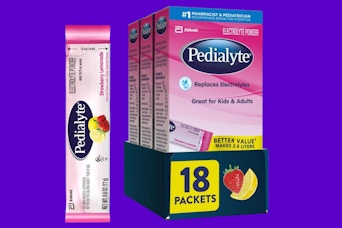 A single pack of Pedialyte Electrolyte Powder, Strawberry Lemonade flavor, sits next to an 18-count box.
