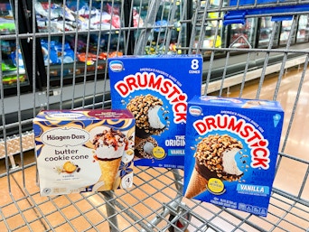 two boxes of Drumstick ice cream cones and a box of Haagen Dazs ice cream cones
