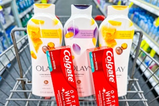 shopping cart with 2 colgate toothpastes and 3 olay body washes