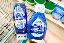hand holding dawn dish soap and refill over shopping cart