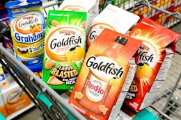 pepperidge farm goldfish snacks in shopping cart