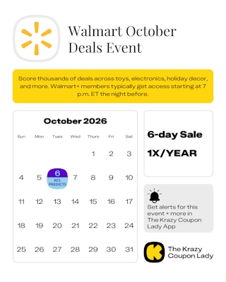 Calendar graphic of Walmart Deals Event predicted for oct 6 2026