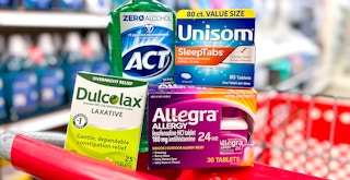dulcolax, unisom, allegra, and act mouthwash in target cart