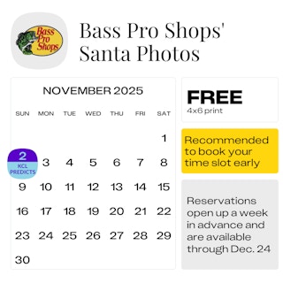 Calendar graphic showing the next predicted start date for Bass Pro Santa pictures as Sunday, Nov. 2, 2025.
