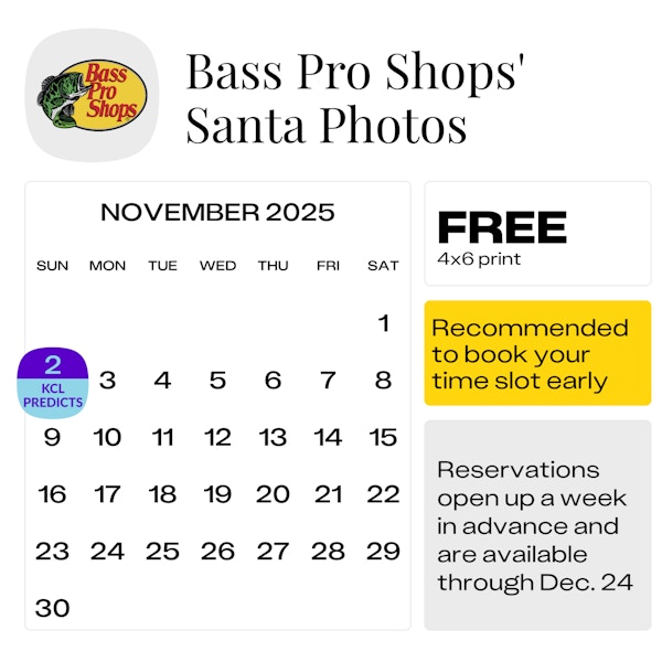 Calendar graphic showing the next predicted start date for Bass Pro Santa pictures as Sunday, Nov. 2, 2025.