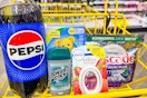 pepsi, speed stick, snuggle, febreze, cascade in a yellow shopping cart