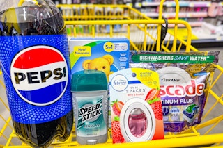 pepsi, speed stick, snuggle, febreze, cascade in a yellow shopping cart