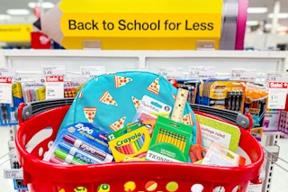 a basket of school supplies in a basket at target