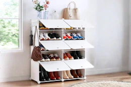 Lifestyle image of a white shoe rack in home setting