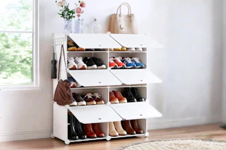 Lifestyle image of a white shoe rack in home setting