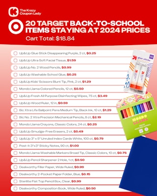 graphic of 20 target back to school items staying at 2024 prices