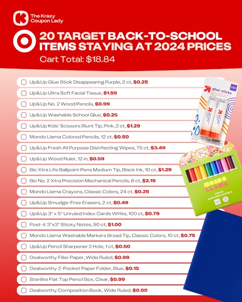 graphic of 20 target back to school items staying at 2024 prices