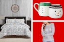 Macy's clearance comforter, mug set, and women's sweater on a cream and red collage background. 