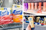 collage image of scott paper products, sally hansen nail polish, and vaseline radiant lotion