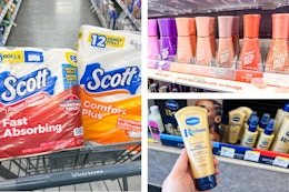 collage image of scott paper products, sally hansen nail polish, and vaseline radiant lotion