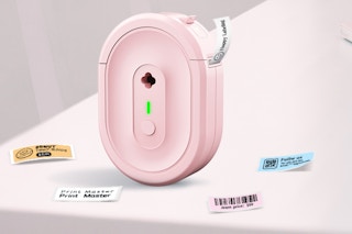 pink label maker on table