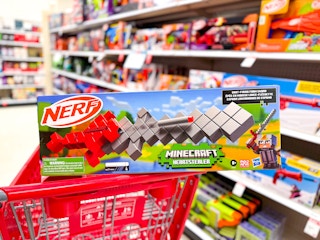 nerf minecraft sword sitting on a target cart