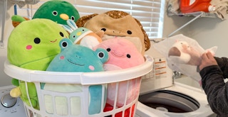 A laundry basket of Squishmallows waiting to be washed and someone putting a Squishmallow into a mesh bag over the washing machine