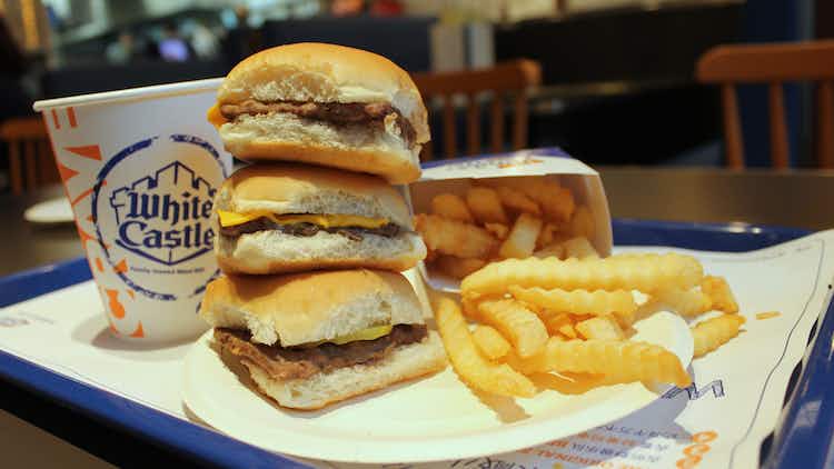 white castle burgers, fries, and drink