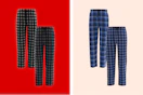 collage image of fruit of the loom mens pajama pants on a red and cream background