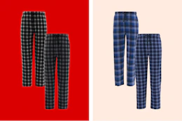 collage image of fruit of the loom mens pajama pants on a red and cream background