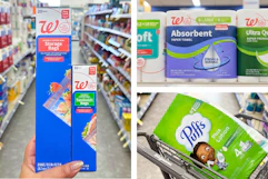 collage with food bags, tissue multipack, and paper towel pack