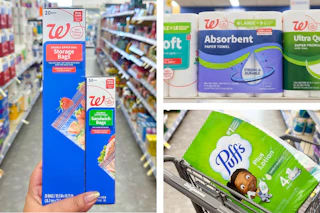 collage with food bags, tissue multipack, and paper towel pack