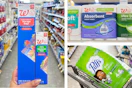 collage with food bags, tissue multipack, and paper towel pack