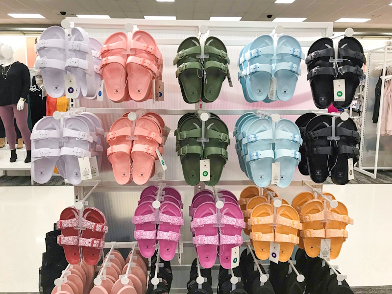 Target's display of dupe Birkenstock sandals.