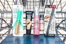 concealer, foundation, face mist, highlighter, and eyeliner in a cart