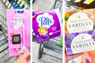 collage with disposable razors, tissues, and bar soap