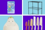 Snuggle dryer sheets, Hyper Tough storage, eggplant chair, and Carote knife set