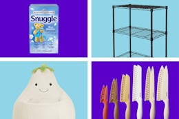 Snuggle dryer sheets, Hyper Tough storage, eggplant chair, and Carote knife set