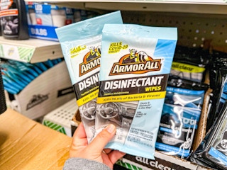 person holding 2 packs of armor all disinfecting wipes