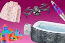 toddler pullover, foam blocks, drone, lava lamp, and inflatable hot tub