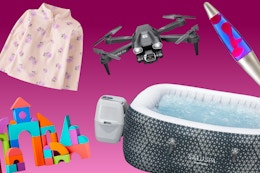 toddler pullover, foam blocks, drone, lava lamp, and inflatable hot tub