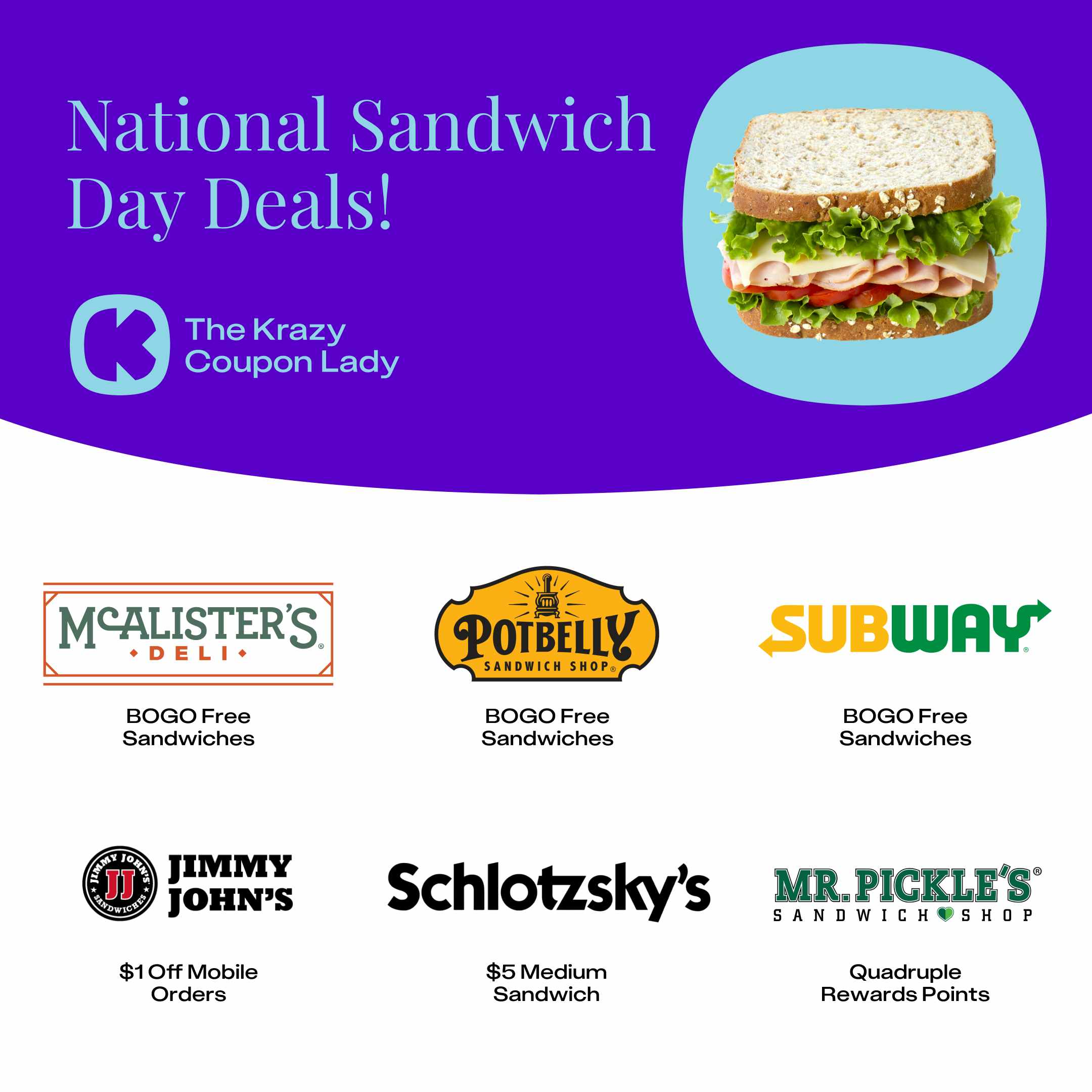 A graphic showing all the best deals for National Sandwich Day. 