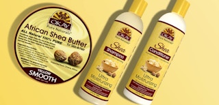 Raw shea butter container and two bottles on a yellow background