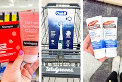 collage image of neutrogena acne products, oral b electric toothbrush, and palmers foot cream